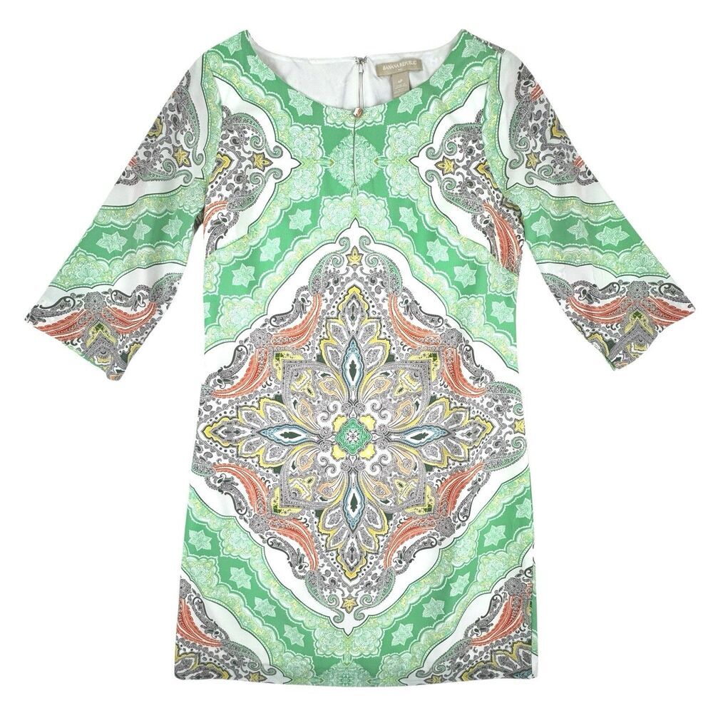 Banana Republic Women's Paisley Tunic Dress‎ 6P Green 3/4 Sleeve Resort Boho